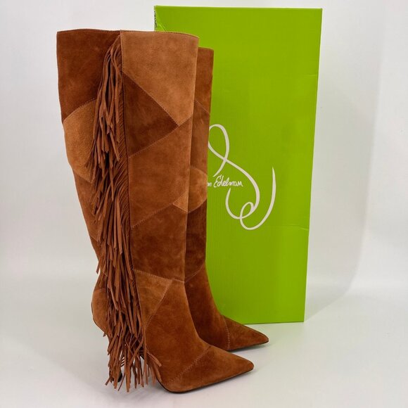 Sam Edelman Ellis Kne High Fringe Boots Brown Suede Size 8.5M Pointed Toe - Picture 1 of 16